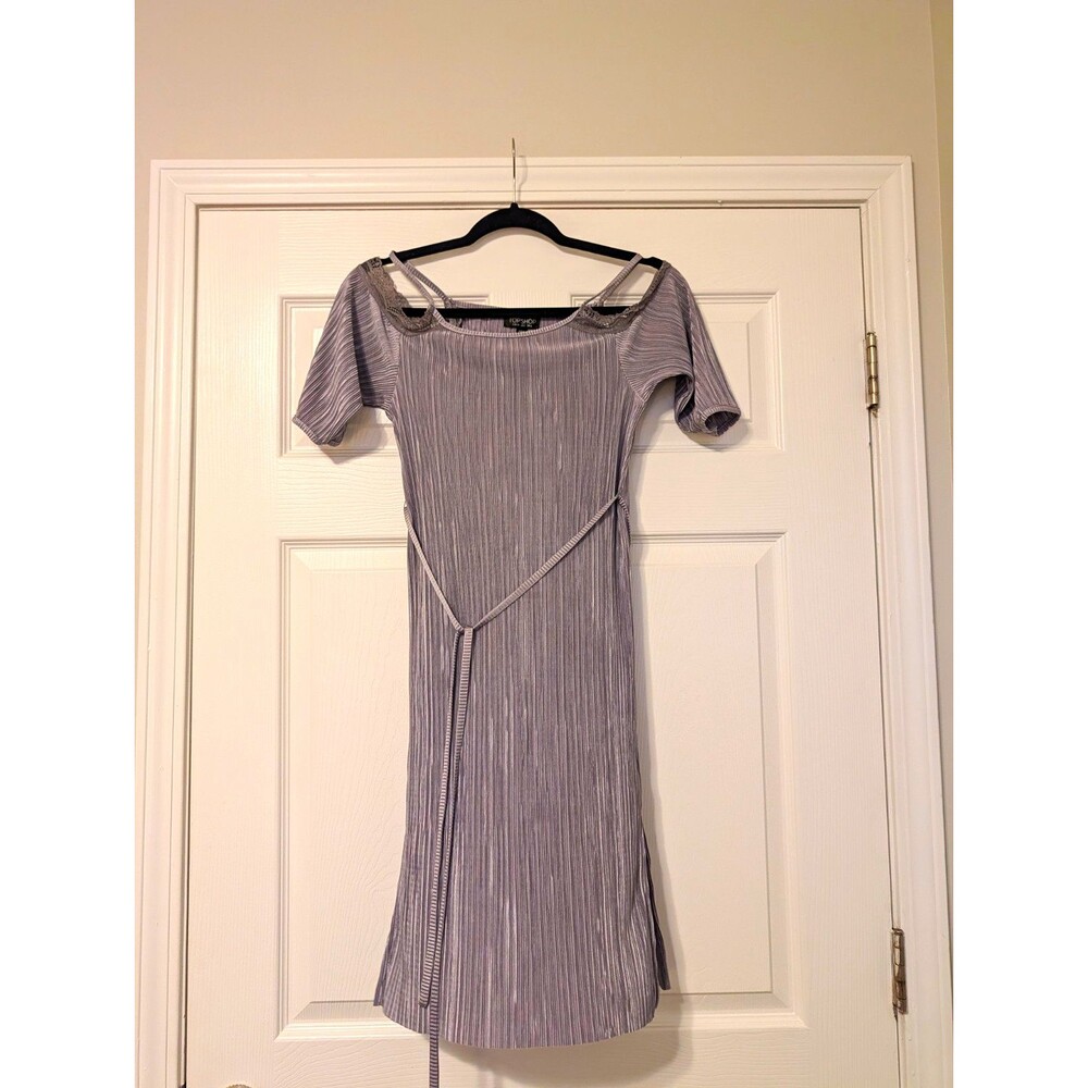 Topshop Silver Shift Dress Scoop Neck Cold Shoulder Pleated Lace Tie Belt 2